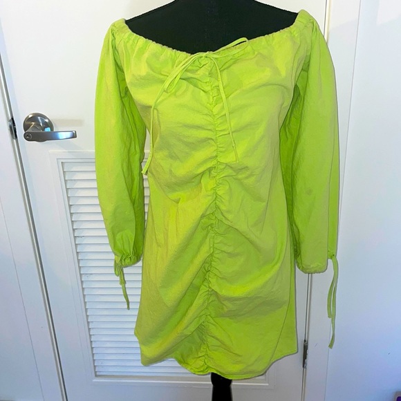 ASOS Draw String Off the Shoulder Lime Green Mini Dress Size 10 - Picture 5 of 11